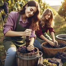 Food and drink background women crushing wine grapes, fresh grapes. harvested grapes. AI Generated,