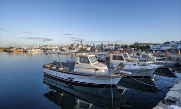 Fishing boats in the harbour of Naoussa at sunset, reflected in the sea, White Cycladic houses,