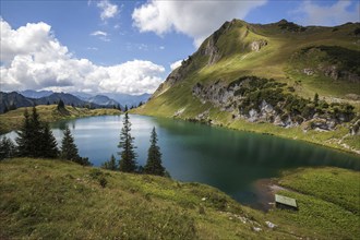 Seealpsee, and Seeköpfel, Allgäu Alps, near Nebelhorn, Oberstdorf, Oberallgäu, Allgäu, Bavaria,