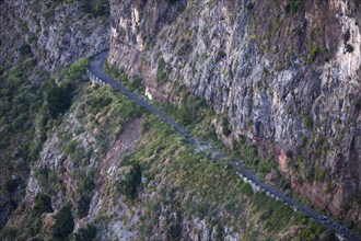 Road blocked by quarries in the Nun's Valley, Curral das Freiras, view from Eiro do Serrado,