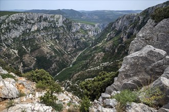 View into the Verdon Gorge at the Belvedere de la Dent d Aire, below river Verdon, Grand Canyon du