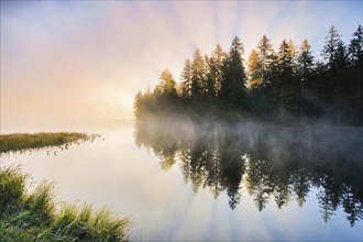 Sunrise over the mirror-smooth mire lake Étang de la Gruère in the canton of Jura, Switzerland,