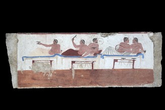 Tomba del Tuffatore, Tomb of the Diver, 480 B. C. Interior painting of the long side with a guest