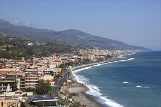 View from Taormina to the coast near Letojanni, Sicily, Italy, Europe