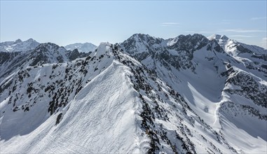 Mitterzeigerkogel, aerial view, peaks and mountains in winter, Sellraintal, Kühtai, Tyrol, Austria,