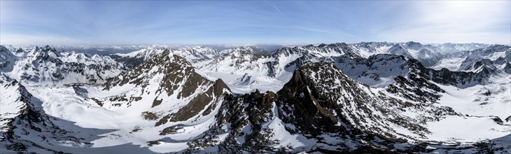 Alpine panorama, Sulzkogel, aerial view, peaks and mountains in winter, Sellraintal, Kühtai, Tyrol,