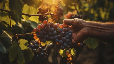 Hands of a weathered vintner inspects his wine grape harvest in the vineyard. generative AI