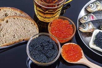 Different kinds of caviar with bread and beverages, AI generated