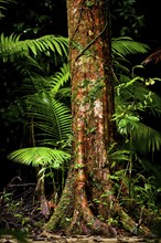 Trunk of a tropical tree, tree with structure, moss and palm leaf, rainforest, jungle, Atherton