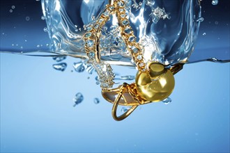 Golden ring falls into the water with splashes, drops and reflections, AI generated