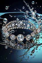 Pearl necklace in the water with splashes, drops and reflections, AI generated