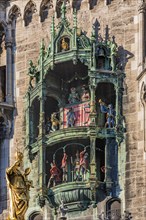 Facade of the New Town Hall with the historic carillon on Marienplatz, Munich, Bavaria, Germany,