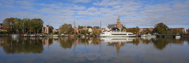 Panorama of the old town of Leer with town hall and museum harbour, river Leda, Leer, East Frisia,