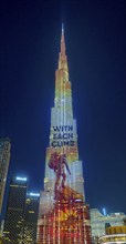 Night shot, illuminated advertising at the Burj Khalifa, Downtown, Dubai, United Arab Emirates,