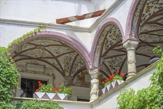 Arcade in the inner courtyard, Churburg Castle, Schluderns, South Tyrol, Italy, Europe