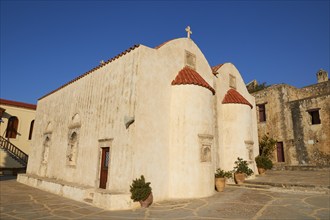 Super wide angle, Two-nave chapel, Red tiled roofs, Cloudless blue sky, Preveli, Orthodox