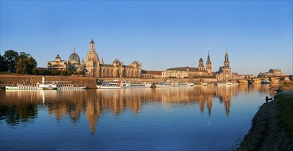 Dresden silhouette in spring. Numerous Japanese cherry trees blossom on the banks of the Neustädter