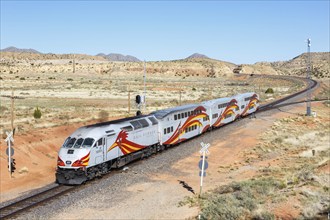 New Mexico Rail Runner Express regional train railway near Santa Fe, USA, North America