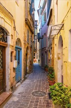 Scenic picturesque streets of Chania venetian town with coloful old houses. Chania greek village in