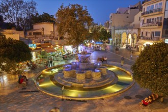 Night shot, blue evening sky, artificial lighting, Venetian Morosini Fountain, super wide angle,