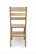 Foldable wooden chair transforming into stepladder on white background