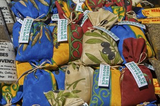 Market stall with herbs of Provence, weekly market market, Sault, Vaucluse department in the