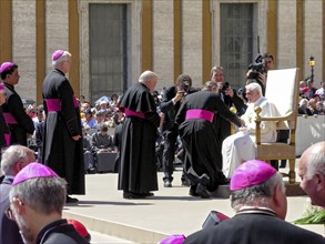 Pope Benedict XVI Joseph Ratzinger welcomes bishops and cardinals to the 1st audience on 27. 04.