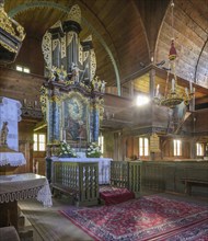 View of the altar in the Lutheran wooden church (Unesco World Heritage Site), Hronsek,