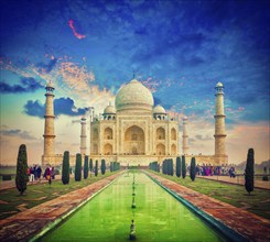 Vintage retro effect filtered hipster style image of Taj Mahal on sunrise sunset, Indian Symbol,