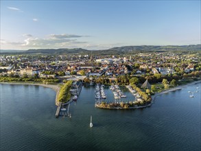 Aerial view of the town of Radolfzell on Lake Constance with boat harbour and pier, Constance