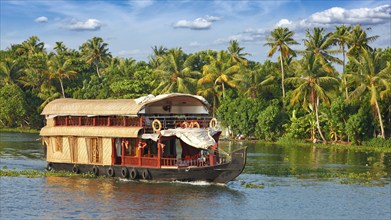 Panorama of houseboat on Kerala backwaters. Kerala, India, Asia