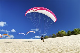 Several paragliders on a dune, ready to take off on the Dune du Pilat, Arcachon, Gironde,