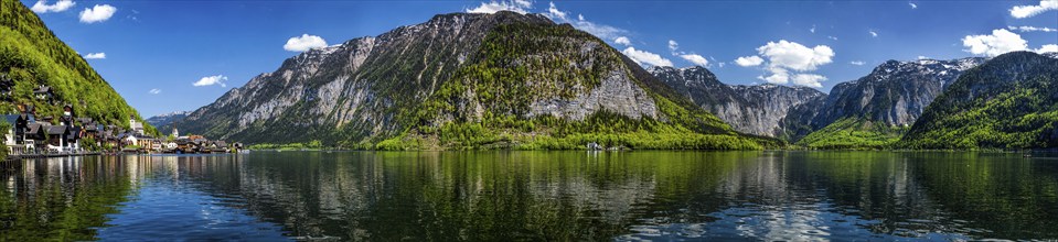 Austrian tourist destination, panorama of Hallstatt village and Hallstatter See mountain lake in