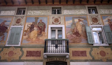 Mural on a house, Old Town, Cortina d'Ampezzo, Province of Belluno, Veneto, South Tyrol, Italy,