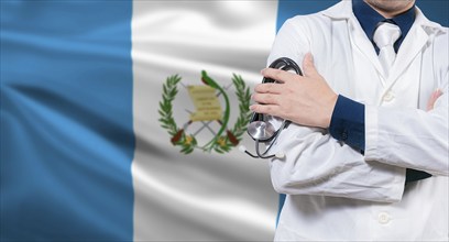 Doctor with stethoscope on guatemalan flag. Doctor arms crossed with stethoscope on Guatemalan