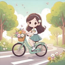 Cute anime girl on bicycle with flowers in a park, AI generated