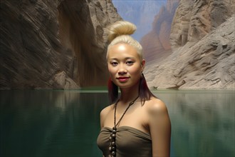 Beautiful young Asian woman with blond hair in front of a mountain valley near a colourful lake,