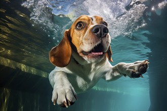 Beagle dog diving in a pool, AI Generated