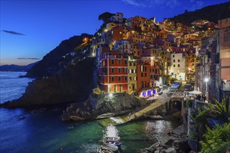 Fishing village of Riomaggiore, blue hour, Cinque Terre, province of La Spezia, Liguria, Italy,