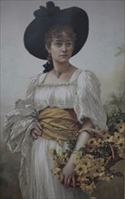 Young woman in Sunday dress, with hat and a basket of flowers. Colour print as art supplement Zur