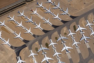 Aerial view of parked commercial aircraft at Teruel Airport in Aragon, parking, storage, scrapping,