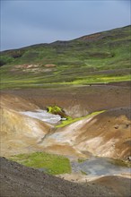 Volcanic landscape with colourful hills, Krafla geothermal area, Northern Iceland, Iceland, Europe