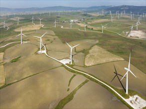 Windmills on a wind farm near Zahara de los Atunes, aerial view, drone shot, Cádiz province,