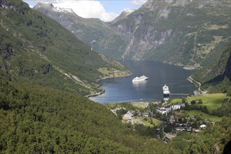 Geiranger Fjord with cruise ships, Central Norway, Norway, Scandinavia, Europe