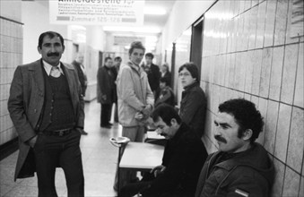 Large crowd of unemployed people at the labour office on 23.01.1980 in Dortmund, Germany, Europe