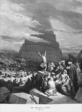 Bible, Tower of Babel, Genesis, 11, 4, crowd, construction, round tower, Babylon, confusion of