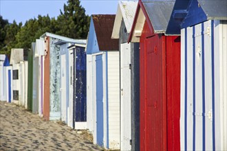 Colourful beach cabins at Saint-Denis-d'Oléron on the island Ile d'Oléron, Charente-Maritime,