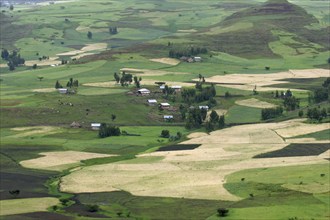 Agriculture showing farmland with fields and primitive huts in the Ethiopian highlands, Ethiopia,