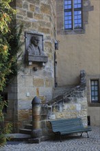 Veste Coburg, the stone relief of Martin Luther on the Luther Chapel, Coburg, Upper Franconia,