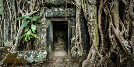 Travel Cambodia concept background, Panorama of ancient stone door and tree roots, Ta Prohm temple